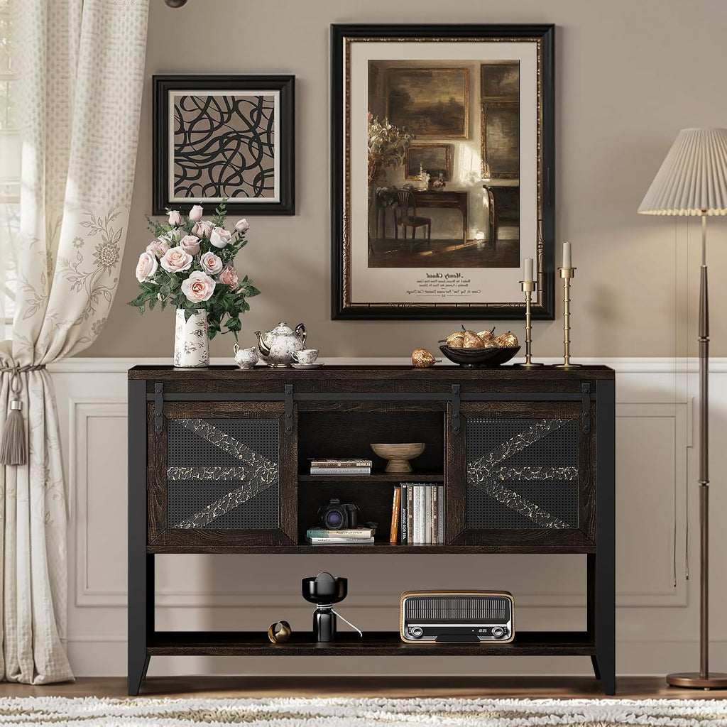 47.2" Farmhouse Console Table with Storage Drawers & Sliding Barn Doors, Hidden Compartment Narrow Rectangle Sofa Table Rustic Entryway Table for Living Room, Hallway, Behind Sofa