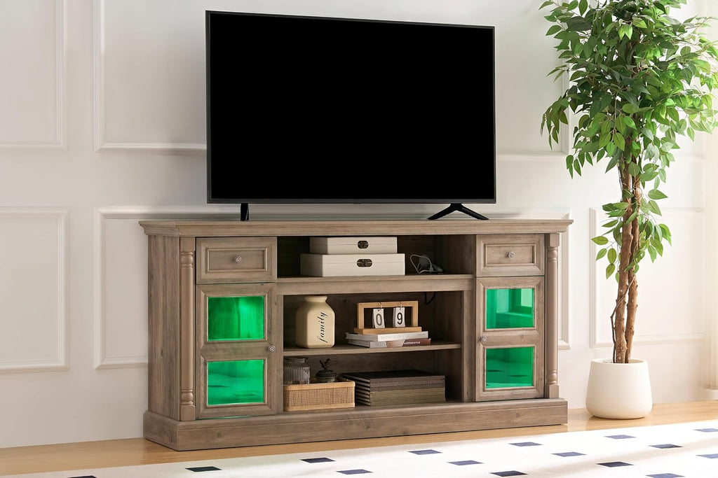 TV Stand with Roman Column Styling, Up to 80-inch TV, 70-inch Modern Tall Entertainment Center with LED Lights, Living Room Media Console Media Console for Bedroom