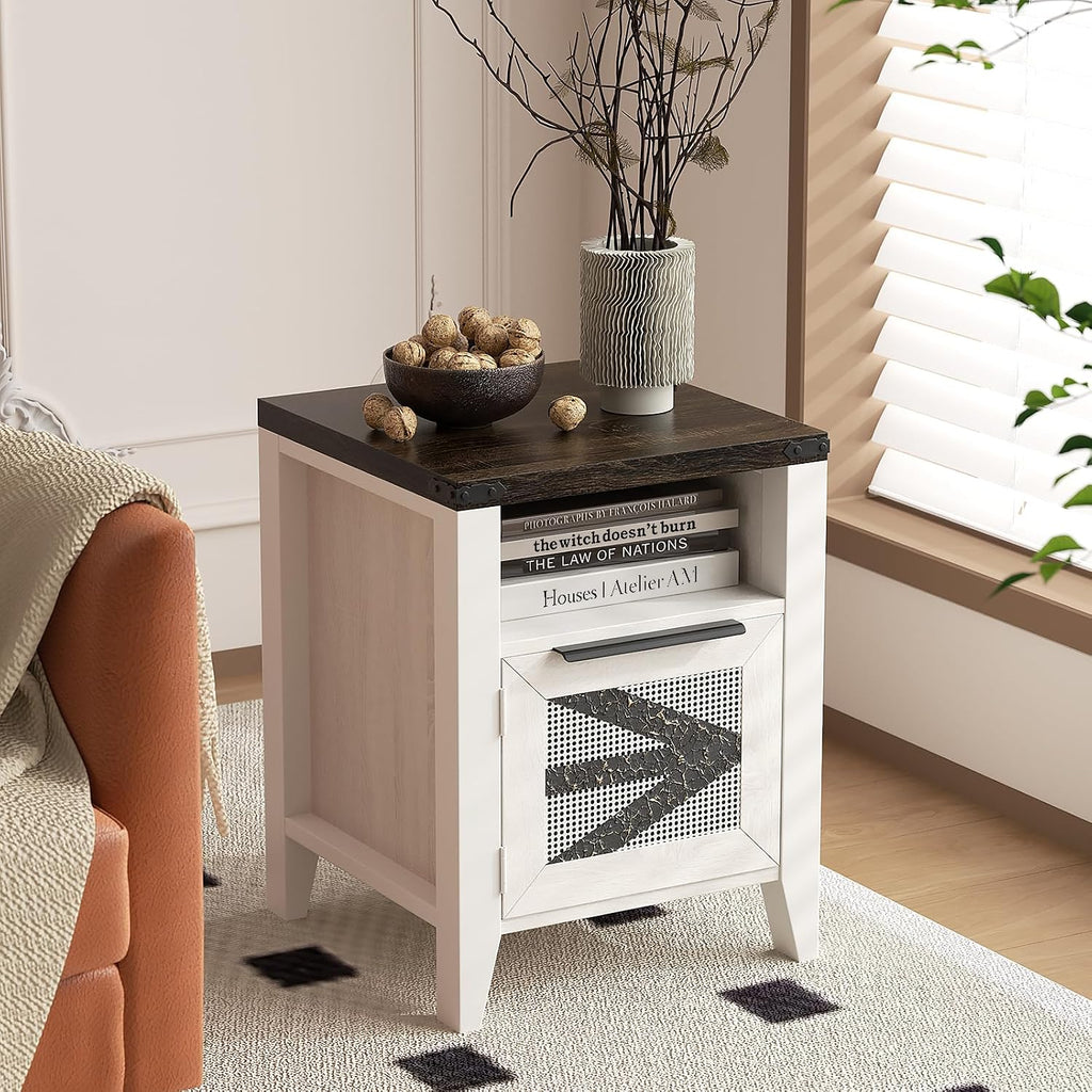 Farmhouse End Table with Charging Station, 18.1" Narrow Side Table for Living Room, Sofa End Table with Storage Cabinet & Open Shelf, Nightstand with 2 USB Ports and 2 AC Outlets