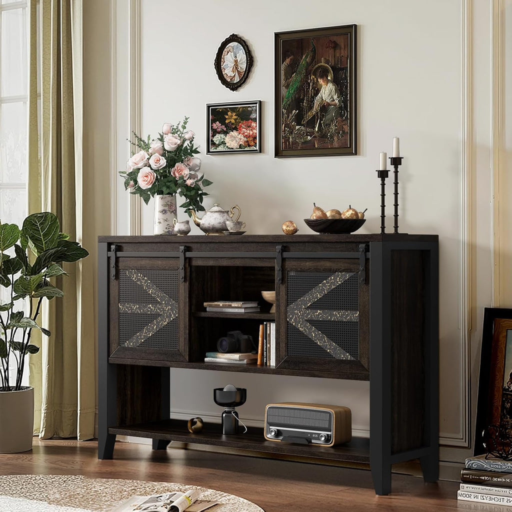 47.2" Farmhouse Console Table with Storage Drawers & Sliding Barn Doors, Hidden Compartment Narrow Rectangle Sofa Table Rustic Entryway Table for Living Room, Hallway, Behind Sofa