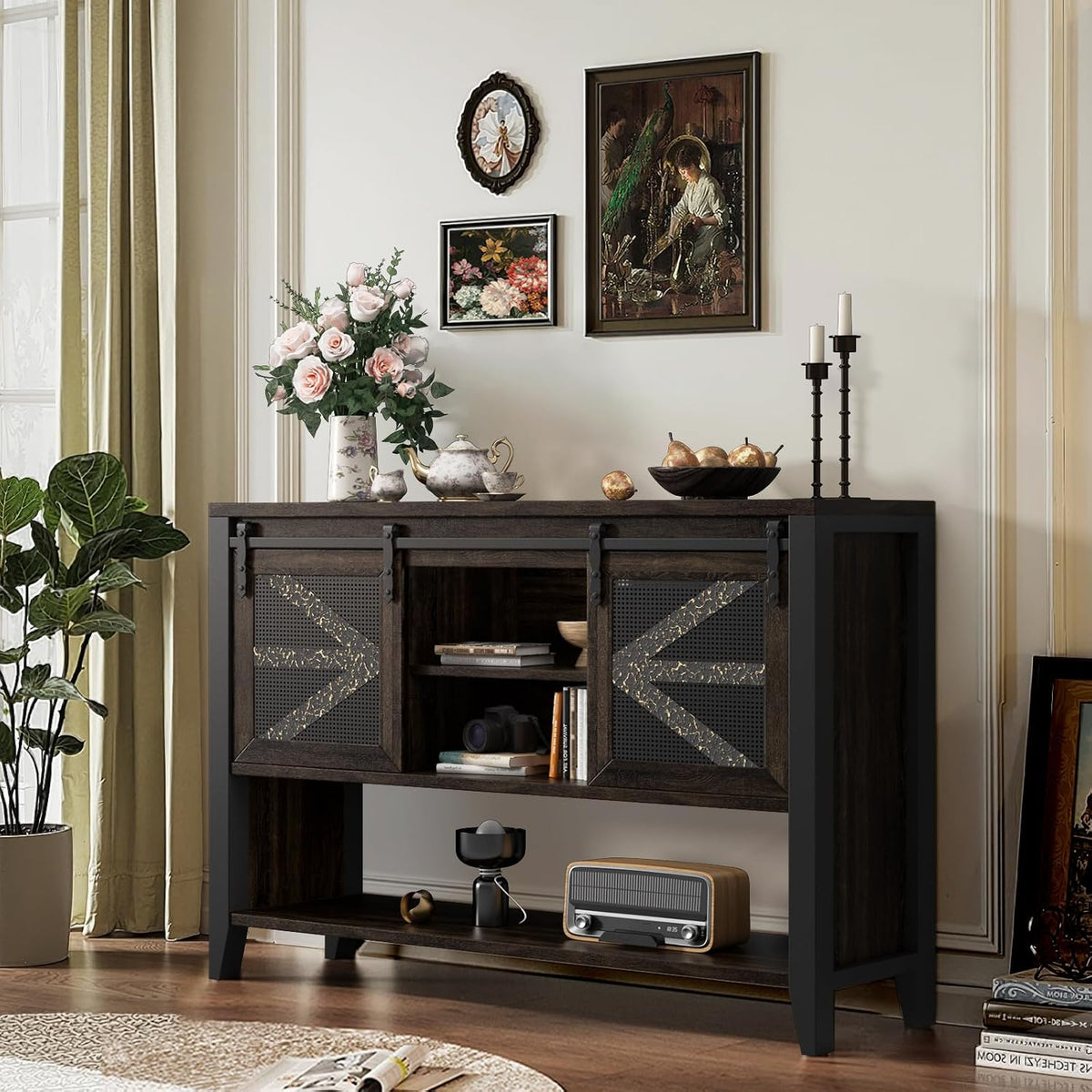 47.2" Farmhouse Console Table with Storage Drawers & Sliding Barn Doors, Hidden Compartment Narrow Rectangle Sofa Table Rustic Entryway Table for Living Room, Hallway, Behind Sofa