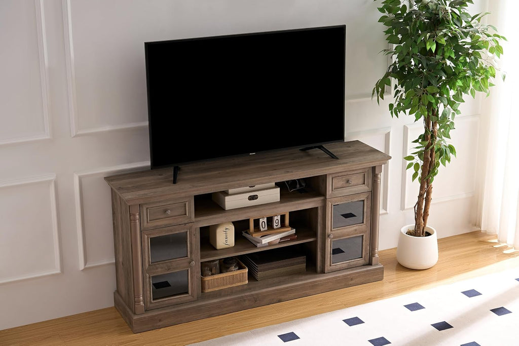 TV Stand with Roman Column Styling, Up to 80-inch TV, 70-inch Modern Tall Entertainment Center with LED Lights, Living Room Media Console Media Console for Bedroom