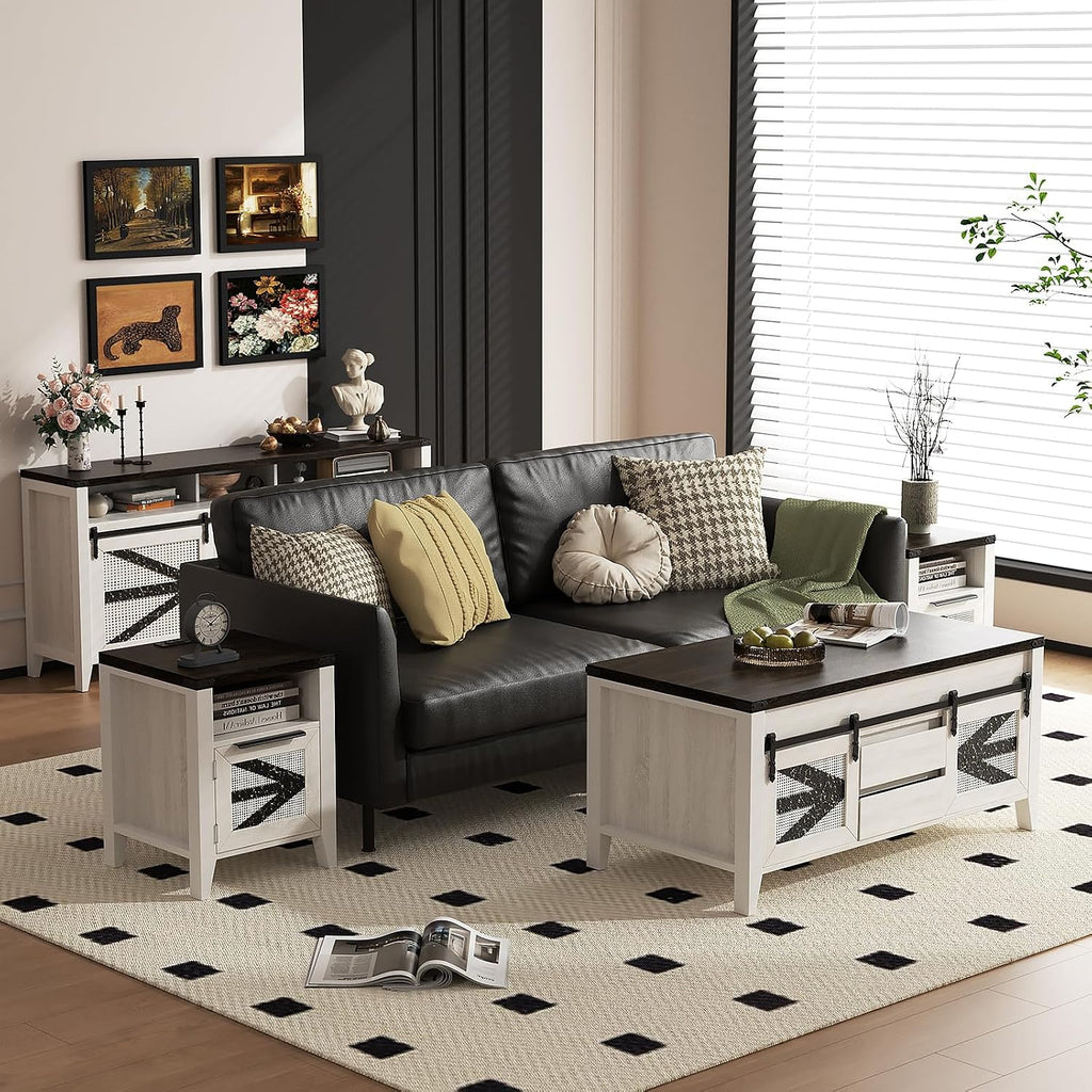 Farmhouse End Table with Charging Station, 18.1" Narrow Side Table for Living Room, Sofa End Table with Storage Cabinet & Open Shelf, Nightstand with 2 USB Ports and 2 AC Outlets