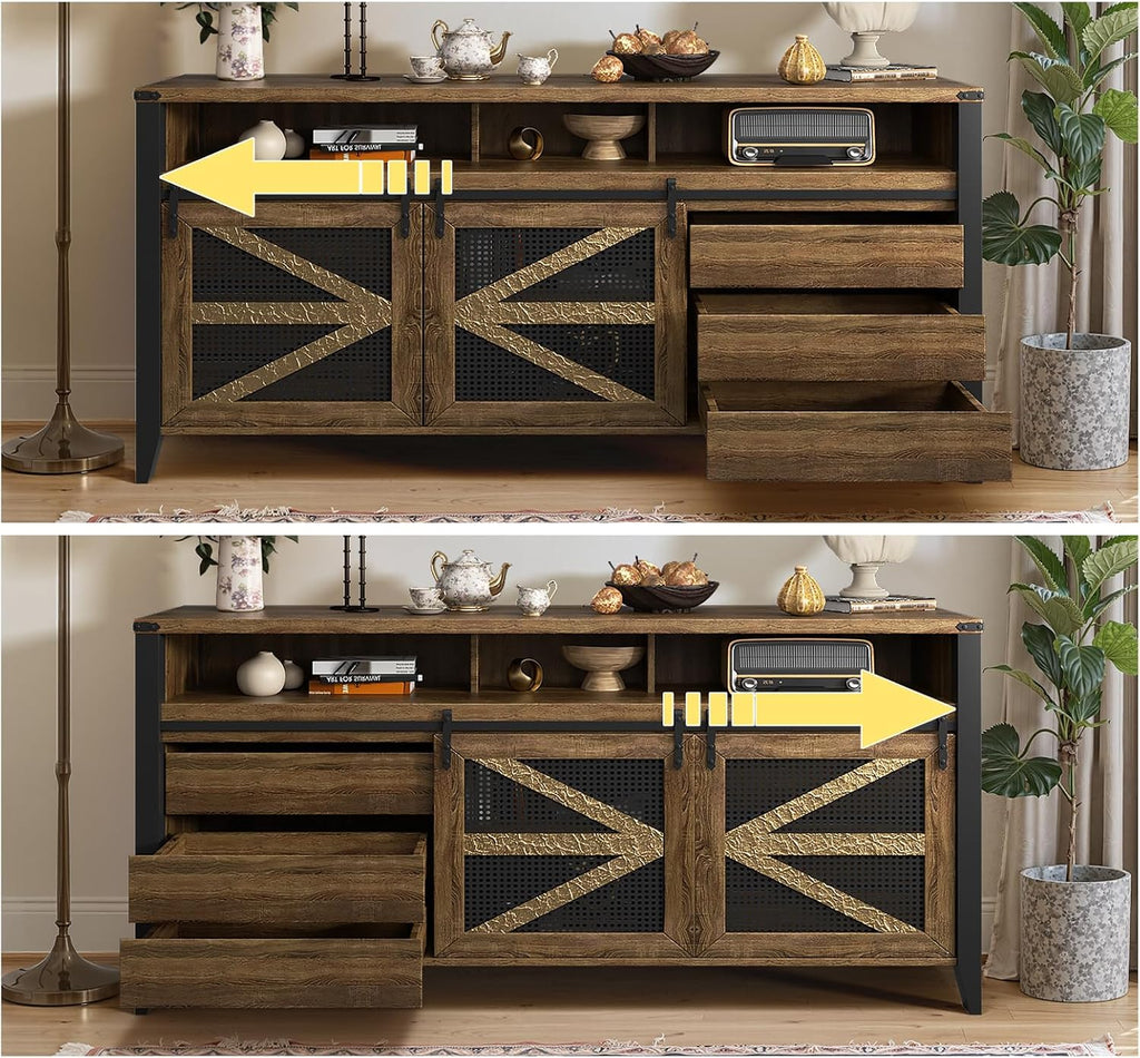 70 Inch TV Stand for TVs up to 70", Rustic Farmhouse Media Console with Sliding Barn Doors, 6 Drawers, Entertainment Center for Living Room