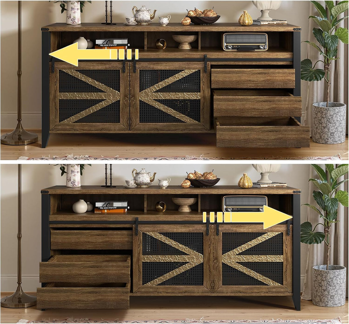70 Inch TV Stand for TVs up to 70", Rustic Farmhouse Media Console with Sliding Barn Doors, 6 Drawers, Entertainment Center for Living Room