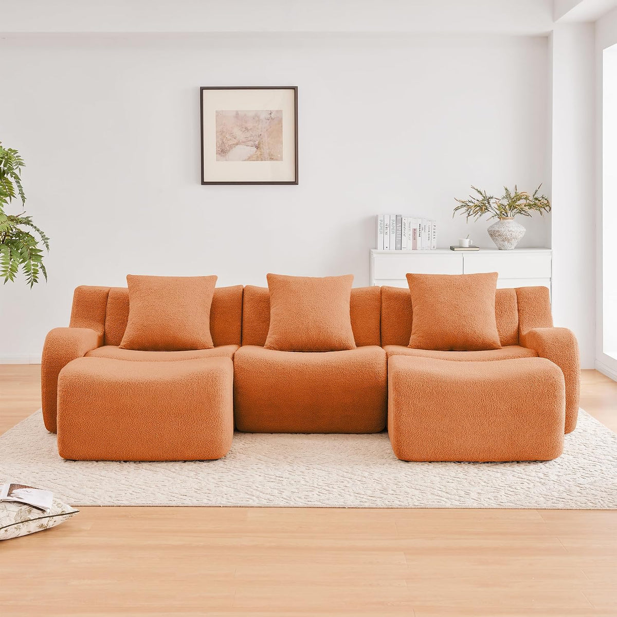 Modular Sectional Sofa for Living Room, 115.3" U-Shaped Orange Boneless Cloud Couch with 2 Ottoman, 3-Seat Teddy Fabric Sofa Deep Seat Curved Armrest,Streamlined Ergonomic Design