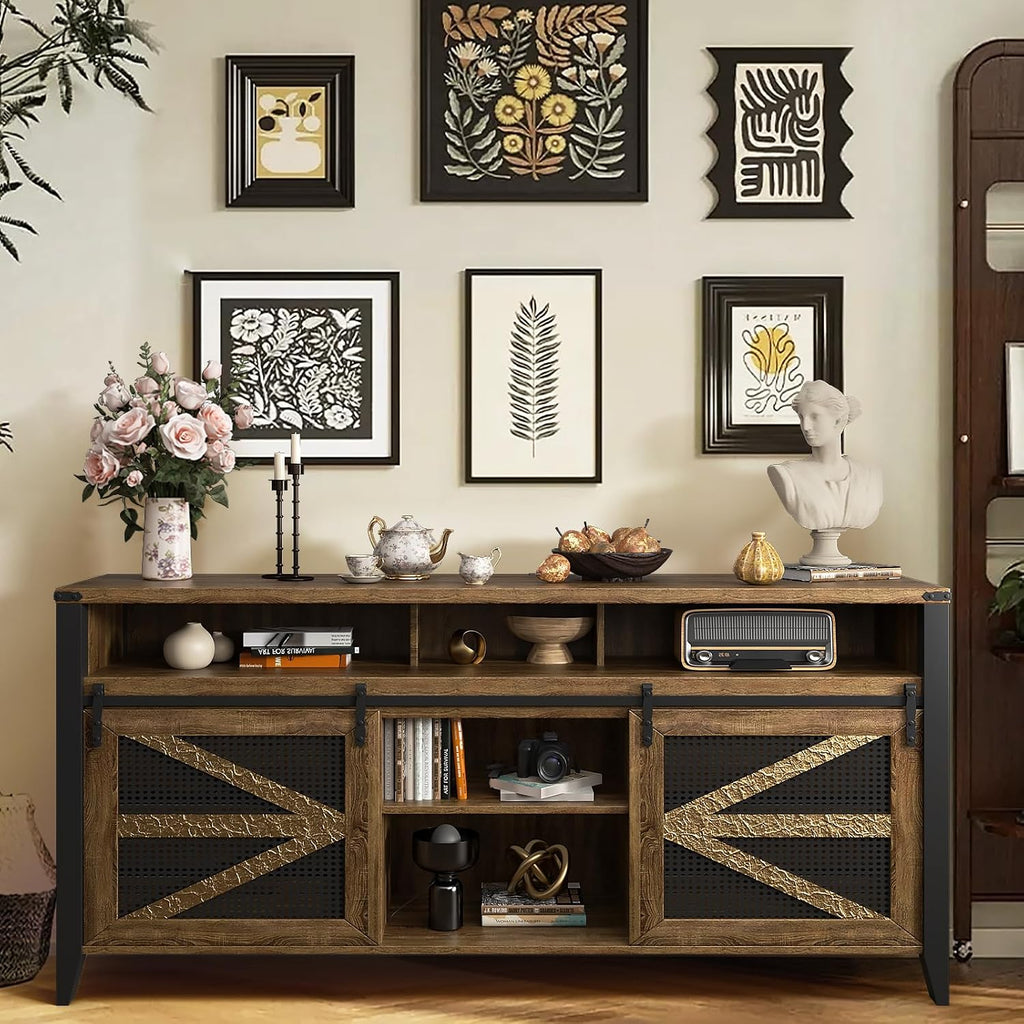 70 Inch TV Stand for TVs up to 70", Rustic Farmhouse Media Console with Sliding Barn Doors, 6 Drawers, Entertainment Center for Living Room