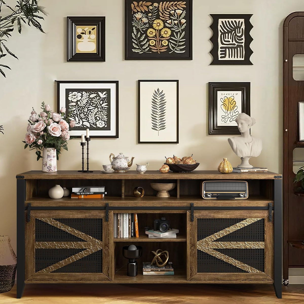 70 Inch TV Stand for TVs up to 70", Rustic Farmhouse Media Console with Sliding Barn Doors, 6 Drawers, Entertainment Center for Living Room
