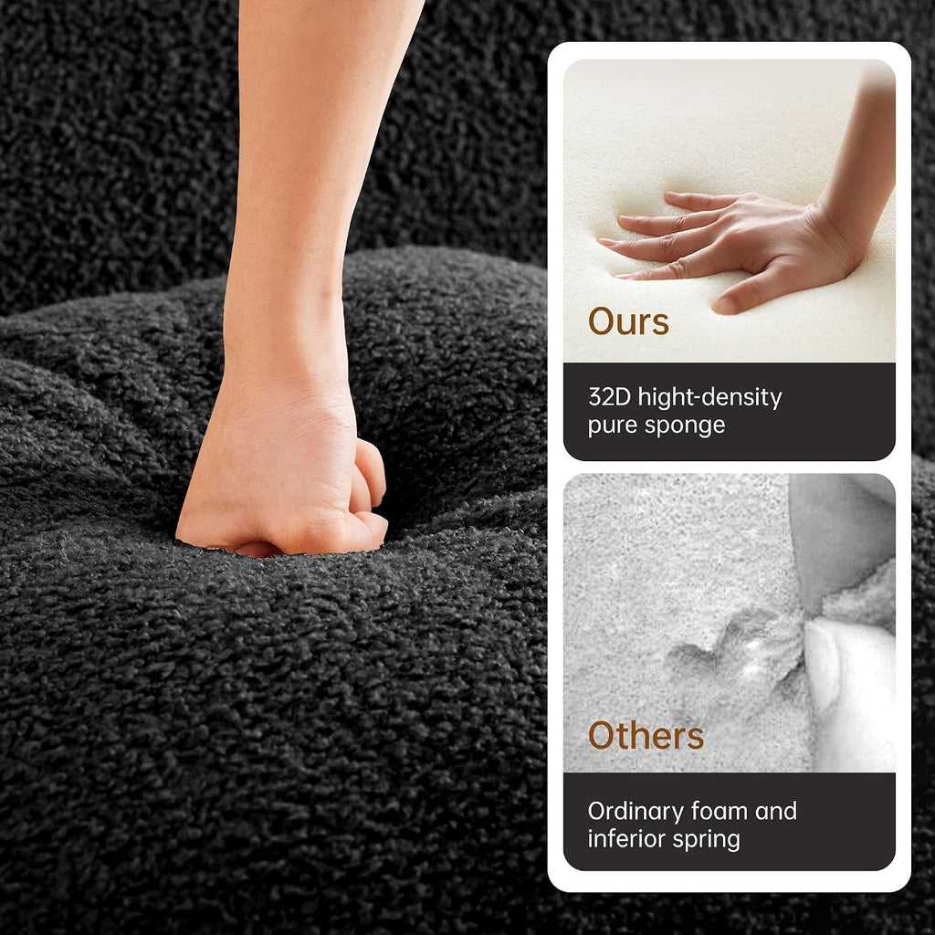 Soft Teddy Fabric Boneless Sofa Fluffy Comfortable Couch 32D High-Density Sponge Streamlined Design Non-Slip Base No Assembly for Living Room or Bedroom, Black