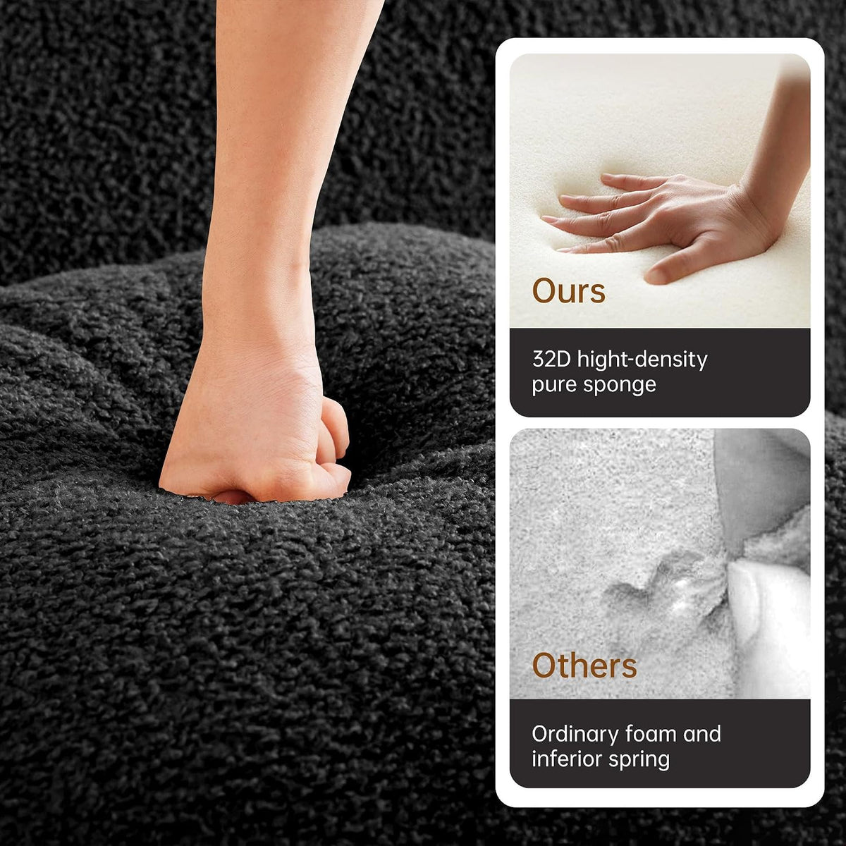 Soft Teddy Fabric Boneless Sofa Fluffy Comfortable Couch 32D High-Density Sponge Streamlined Design Non-Slip Base No Assembly for Living Room or Bedroom, Black