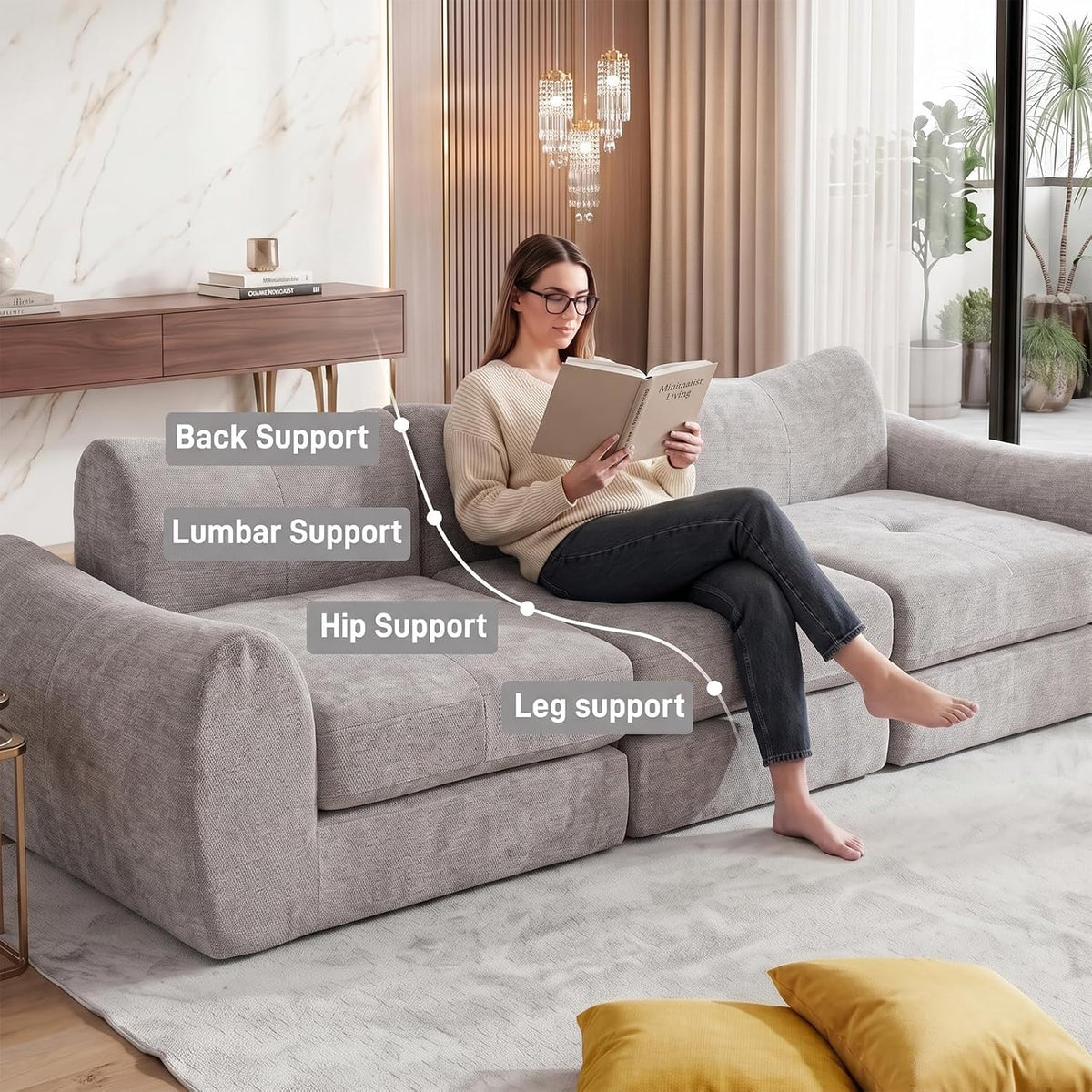 102" Modular Sectional Boneless Couch, Convertible Cloud Sofa Bed with Upholstered Deep Seat, Soft Deep Lounger for Living Room Playroom (Grey)
