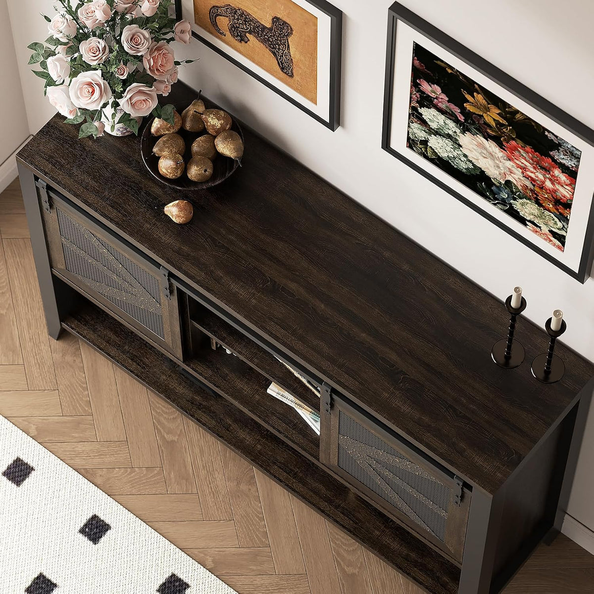 47.2" Farmhouse Console Table with Storage Drawers & Sliding Barn Doors, Hidden Compartment Narrow Rectangle Sofa Table Rustic Entryway Table for Living Room, Hallway, Behind Sofa