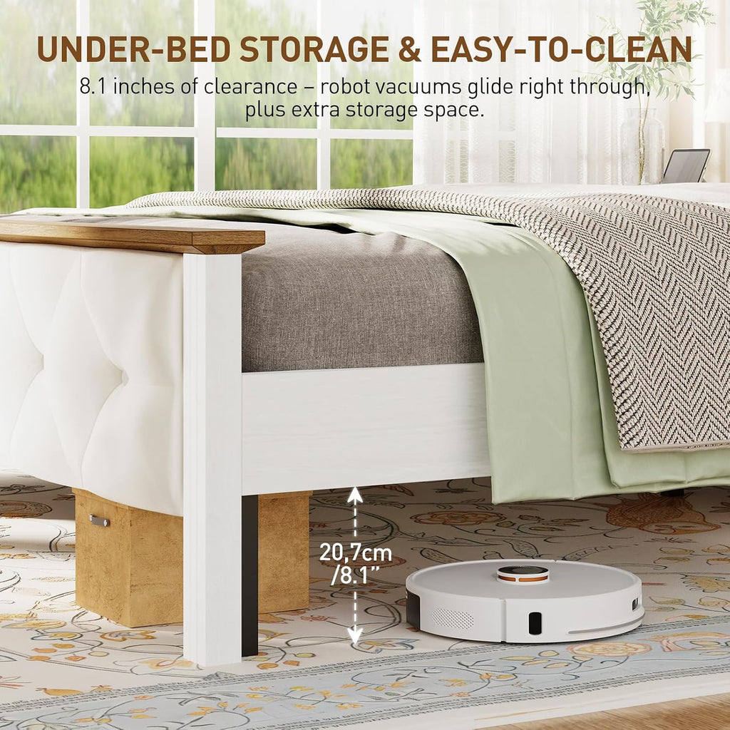 Farmhouse Full Bed Frame with 51" Tall Headboard, Upholstered Full Size Bed Frame with Storage, Charging Station and LED Light, Heavy Duty Wooden Slats, No Box Spring Needed，White