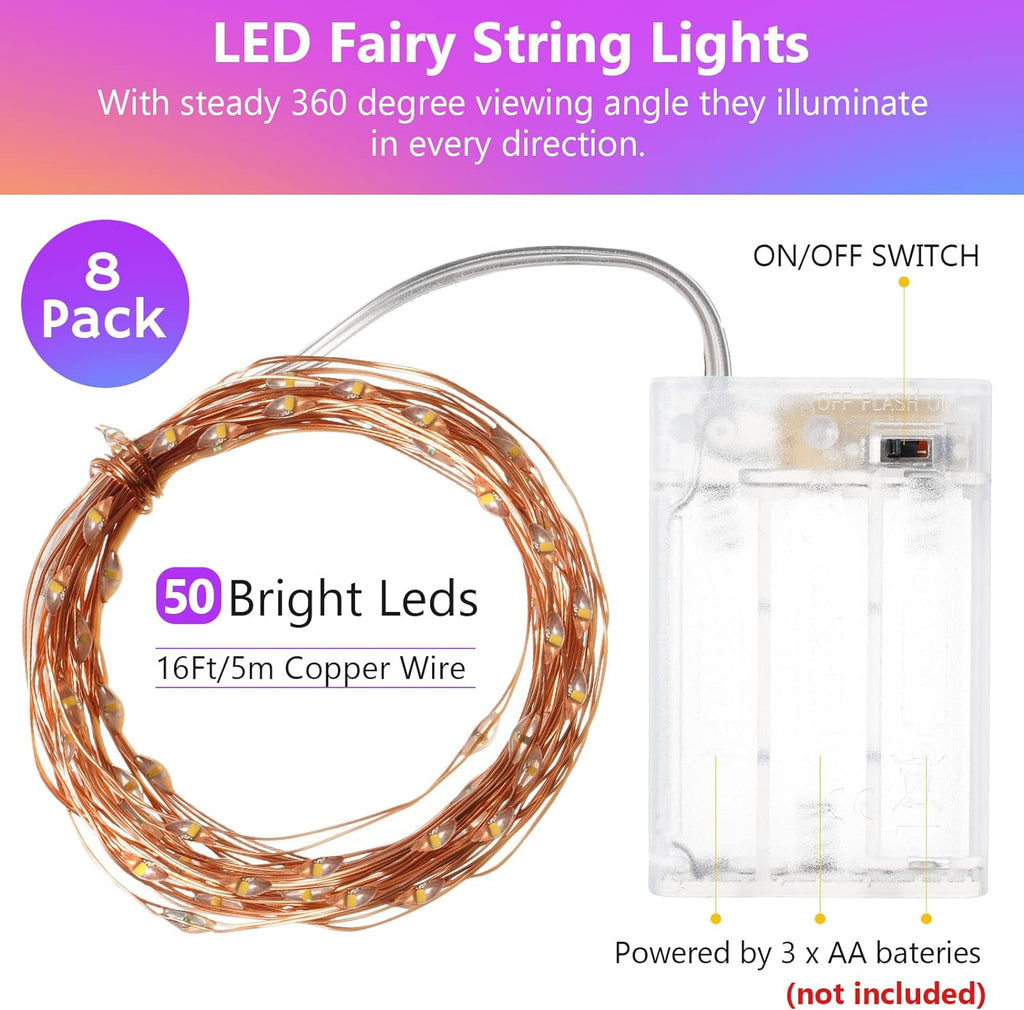 8 Pack Fairy Lights Battery Operated 16 ft 50 Led Mini Waterproof Fairy String Lights
