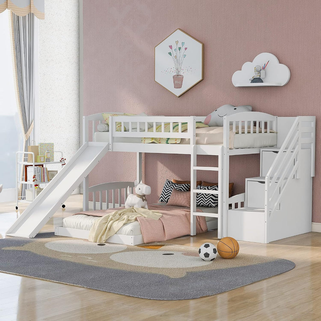 Bunk Bed Twin Over Twin, Bunk Bed with Stairs, Twin bunk Bed for Kids, Teens, Kids bunk beds, White Twin