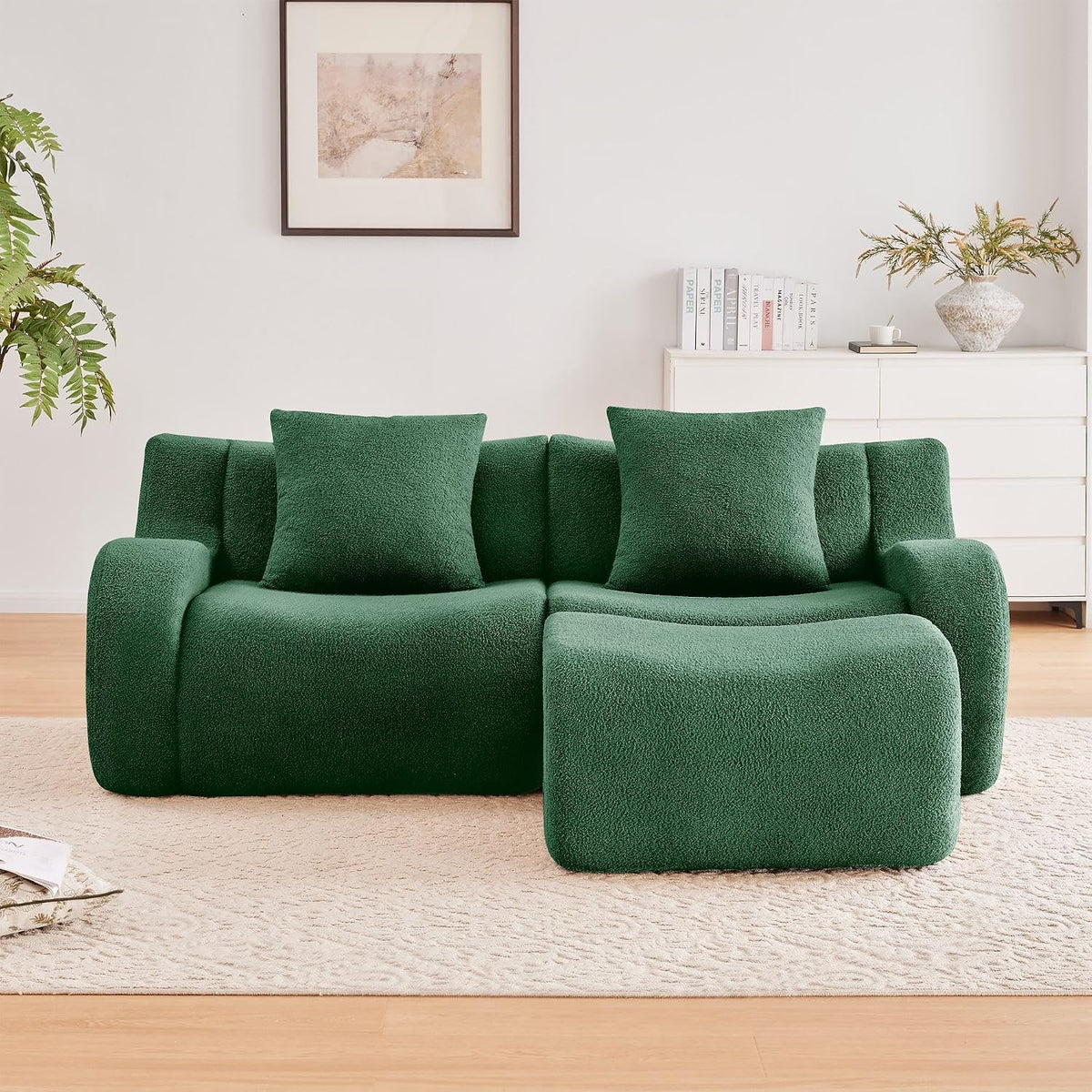 L-Shaped 2-Seat Boneless Sofa, Soft Teddy Fabric Couch, 32D High-Density Sponge, Ergonomic Curved Armrest, Non-Slip Base, No Assembly for Living Room or Bedroom, Green