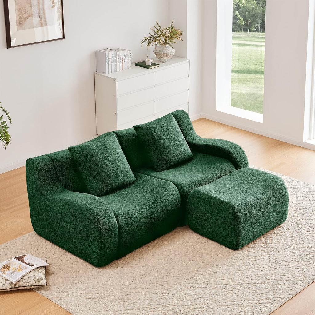L-Shaped 2-Seat Boneless Sofa, Soft Teddy Fabric Couch, 32D High-Density Sponge, Ergonomic Curved Armrest, Non-Slip Base, No Assembly for Living Room or Bedroom, Green