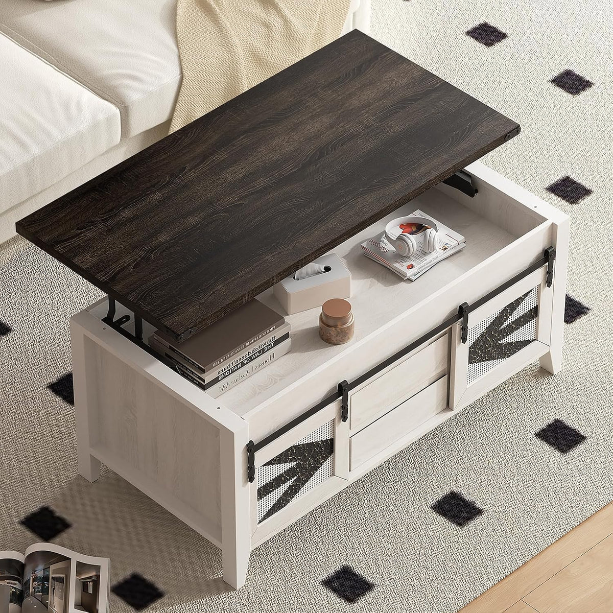 47.2" Lift Top Coffee Table with Hidden Compartment, Storage Drawers & Sliding Barn Doors, Farmhouse Rectangle Coffee Table for Living Room, Rustic Brown & White