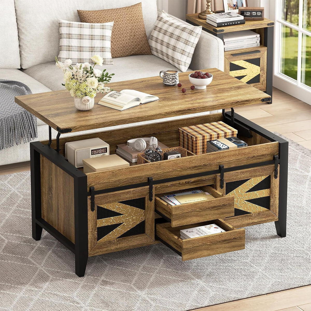 47.2" Lift Top Coffee Table with Hidden Compartment, Storage Drawers & Sliding Barn Doors, Farmhouse Rectangle Coffee Table for Living Room, Rustic Oak