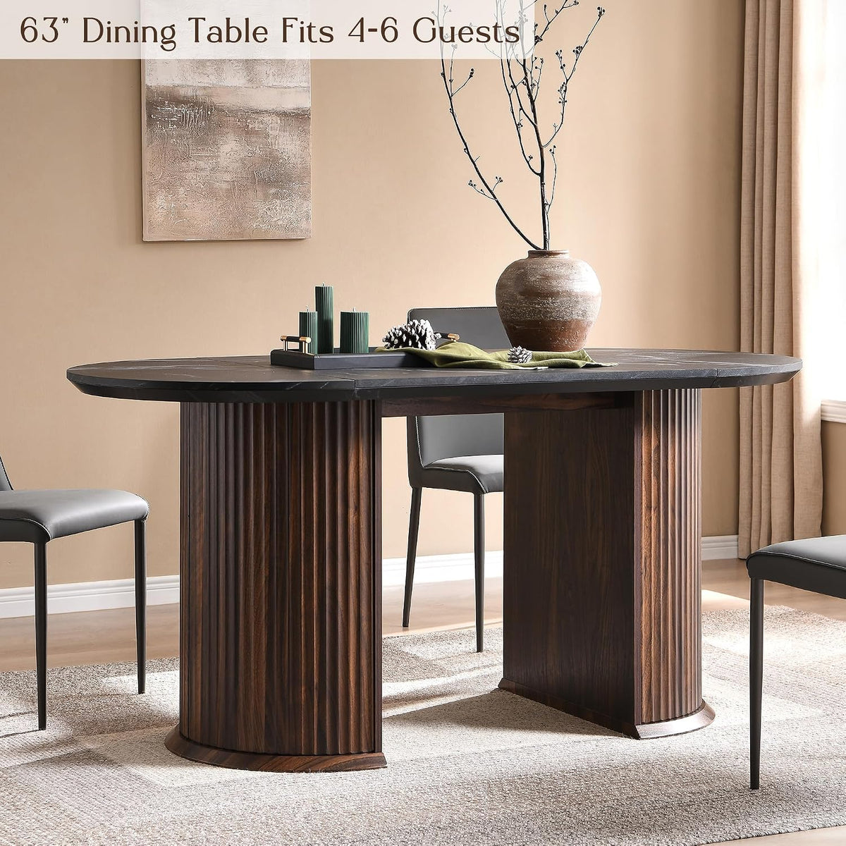 Fluted 63" Oval Dining Table for Kitchen Living Room, Walnut&Black
