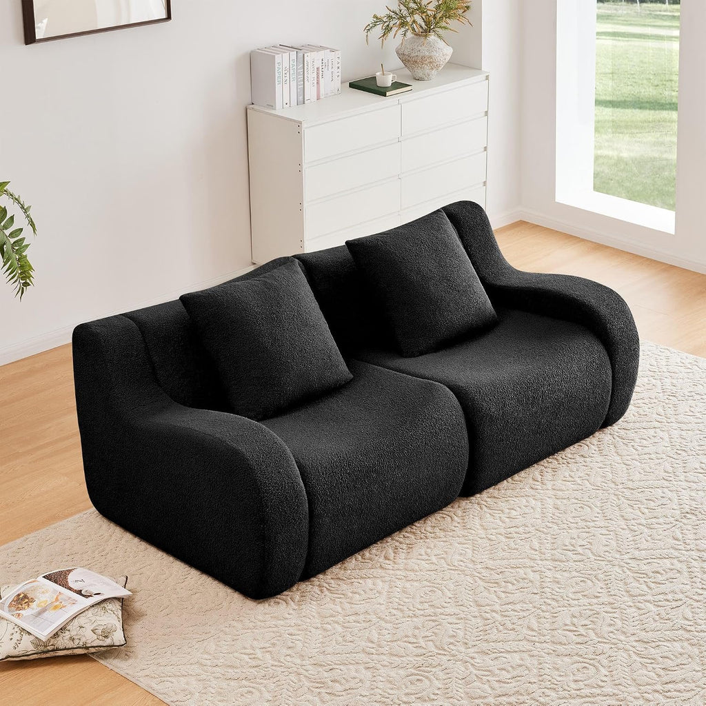 Soft Teddy Fabric Boneless Sofa Fluffy Comfortable Couch 32D High-Density Sponge Streamlined Design Non-Slip Base No Assembly for Living Room or Bedroom, Black