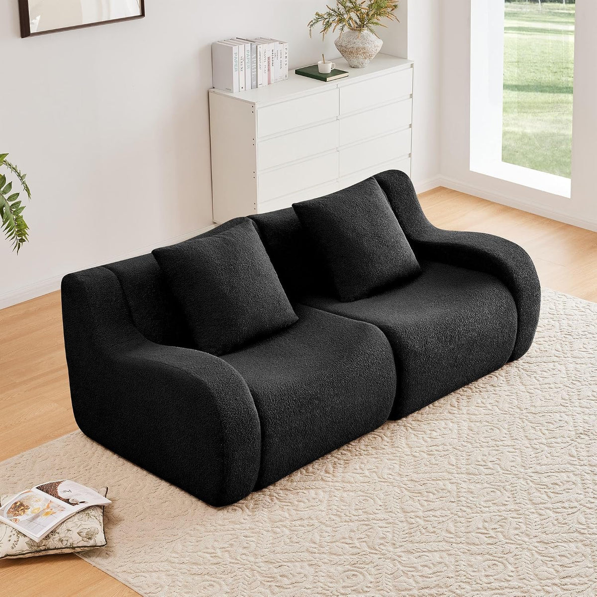 Soft Teddy Fabric Boneless Sofa Fluffy Comfortable Couch 32D High-Density Sponge Streamlined Design Non-Slip Base No Assembly for Living Room or Bedroom, Black