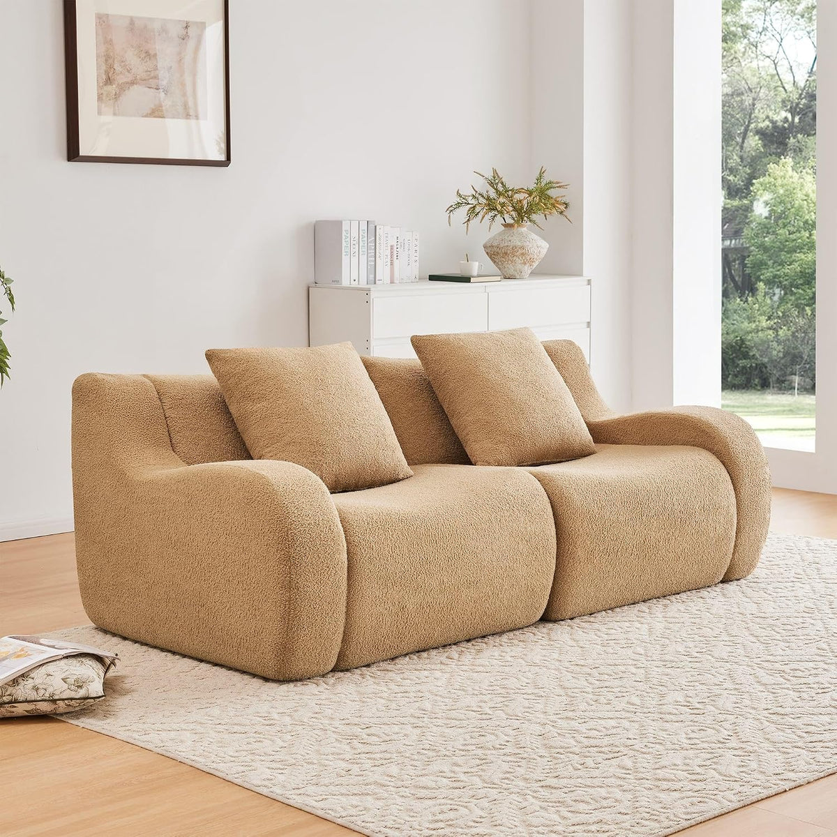 Soft Teddy Fabric Boneless Sofa Fluffy Comfortable Couch 32D High-Density Sponge Streamlined Design Non-Slip Base No Assembly for Living Room or Bedroom, Camel
