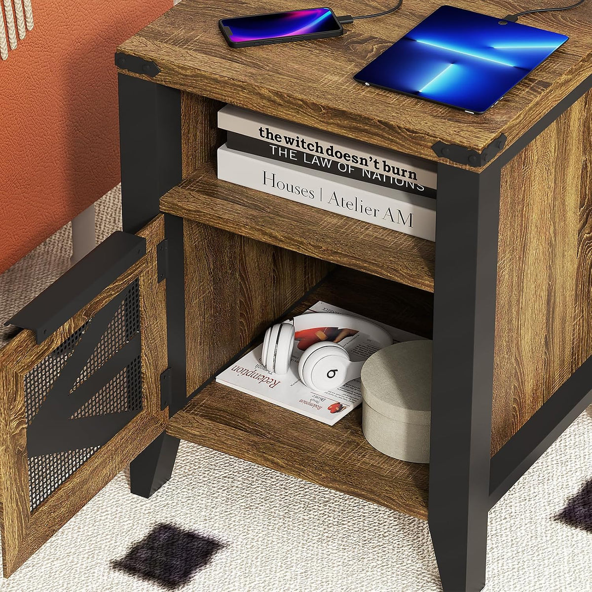 Farmhouse End Table with Charging Station, 18.1" Narrow Side Table for Living Room, Sofa End Table with Storage Cabinet & Open Shelf, Nightstand with 2 USB Ports and 2 AC Outlets