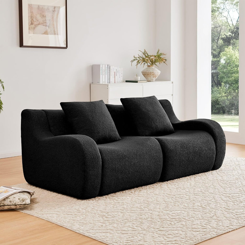 Soft Teddy Fabric Boneless Sofa Fluffy Comfortable Couch 32D High-Density Sponge Streamlined Design Non-Slip Base No Assembly for Living Room or Bedroom, Black