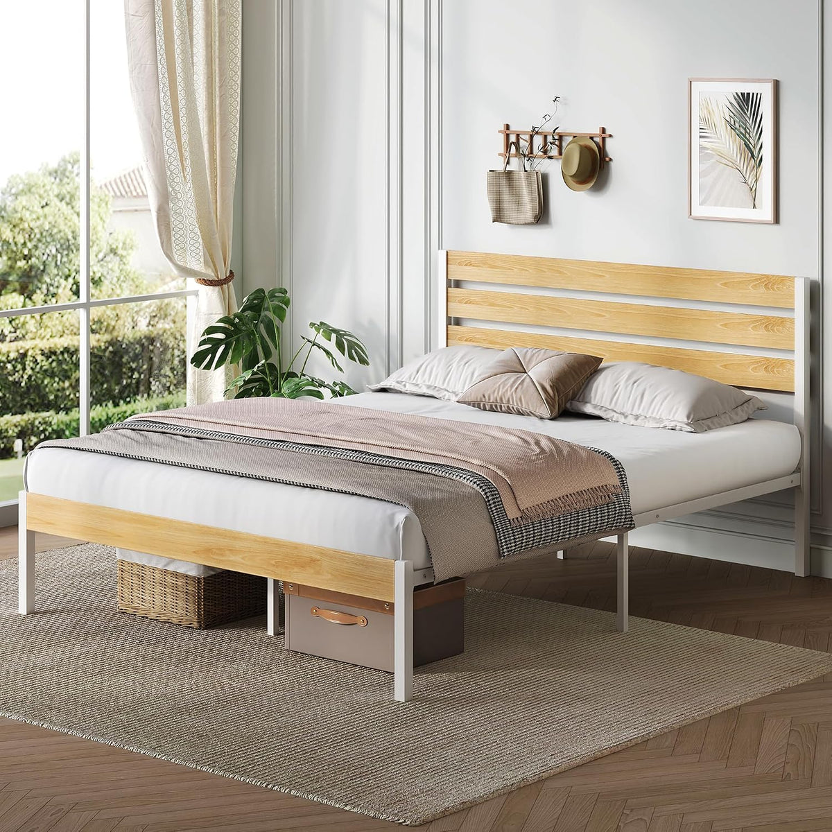 Queen Bed Frame with Headboard, Metal Platform Bed Frame with Under Bed Storage, 1500LBS Mattress Foundation, No Box Spring Needed, Easy Assembly, Natural Oak