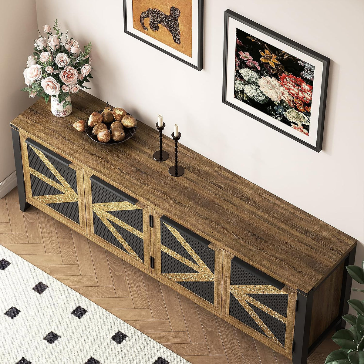 70 Inch Farmhouse TV Stand for 75 Inch TV, Rustic Entertainment Center with 4 Doors, Wood Media Console Cabinet with Storage, Living Room TV Cabinet