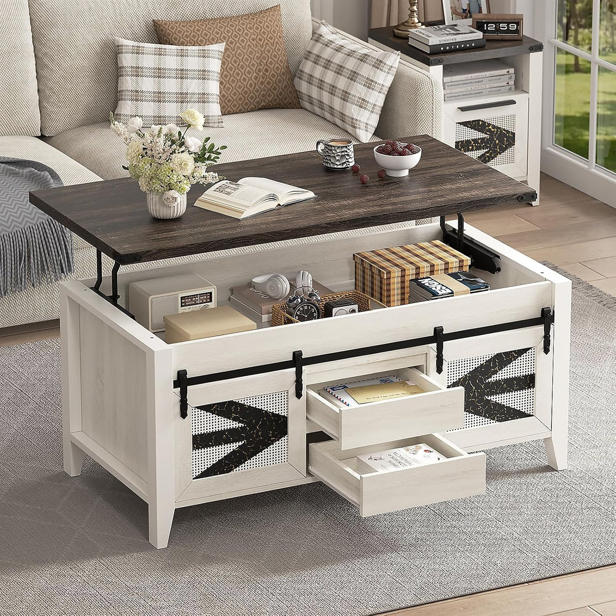 47.2" Lift Top Coffee Table with Hidden Compartment, Storage Drawers & Sliding Barn Doors, Farmhouse Rectangle Coffee Table for Living Room, Rustic Brown & White