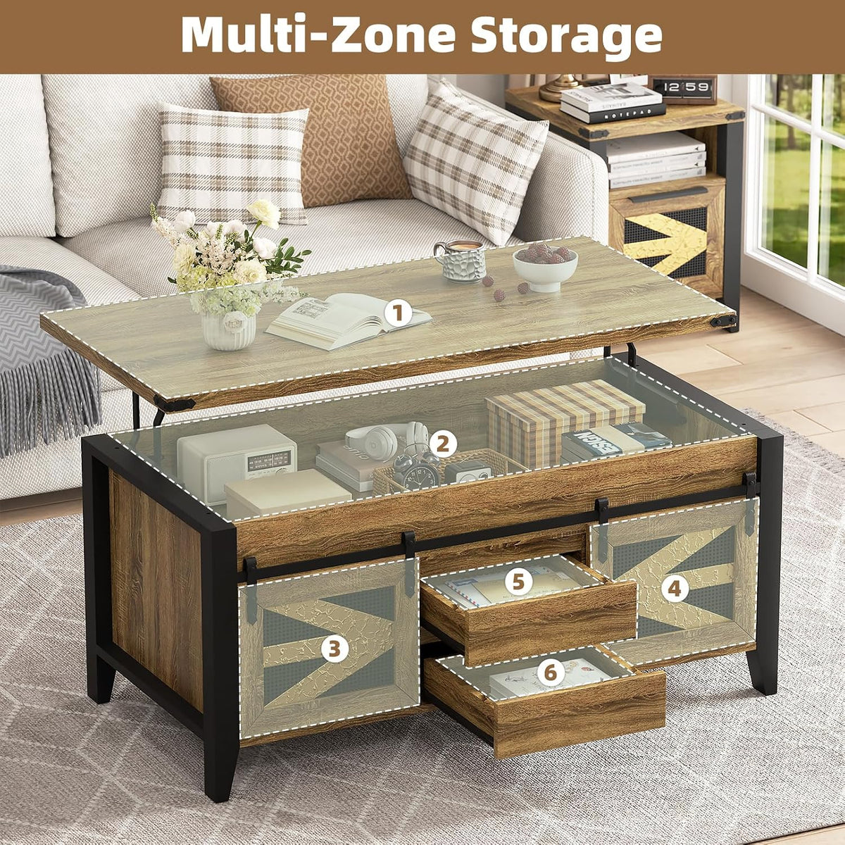 47.2" Lift Top Coffee Table with Hidden Compartment, Storage Drawers & Sliding Barn Doors, Farmhouse Rectangle Coffee Table for Living Room, Rustic Oak