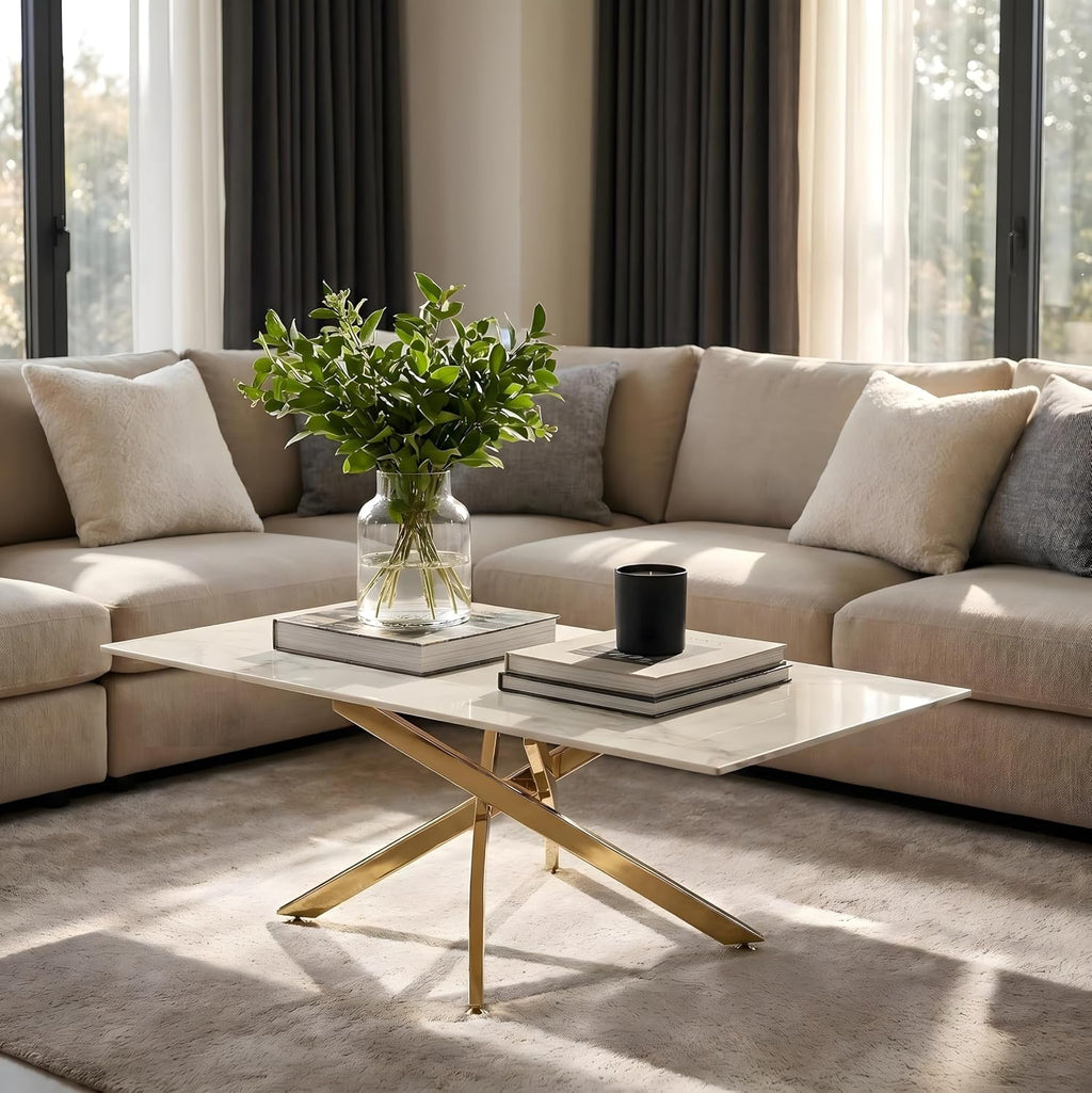 Modern Coffee Table with Marble Grain Top，White Coffee Tables with Gold Legs,Living Room Rectangular Glass Center Tables