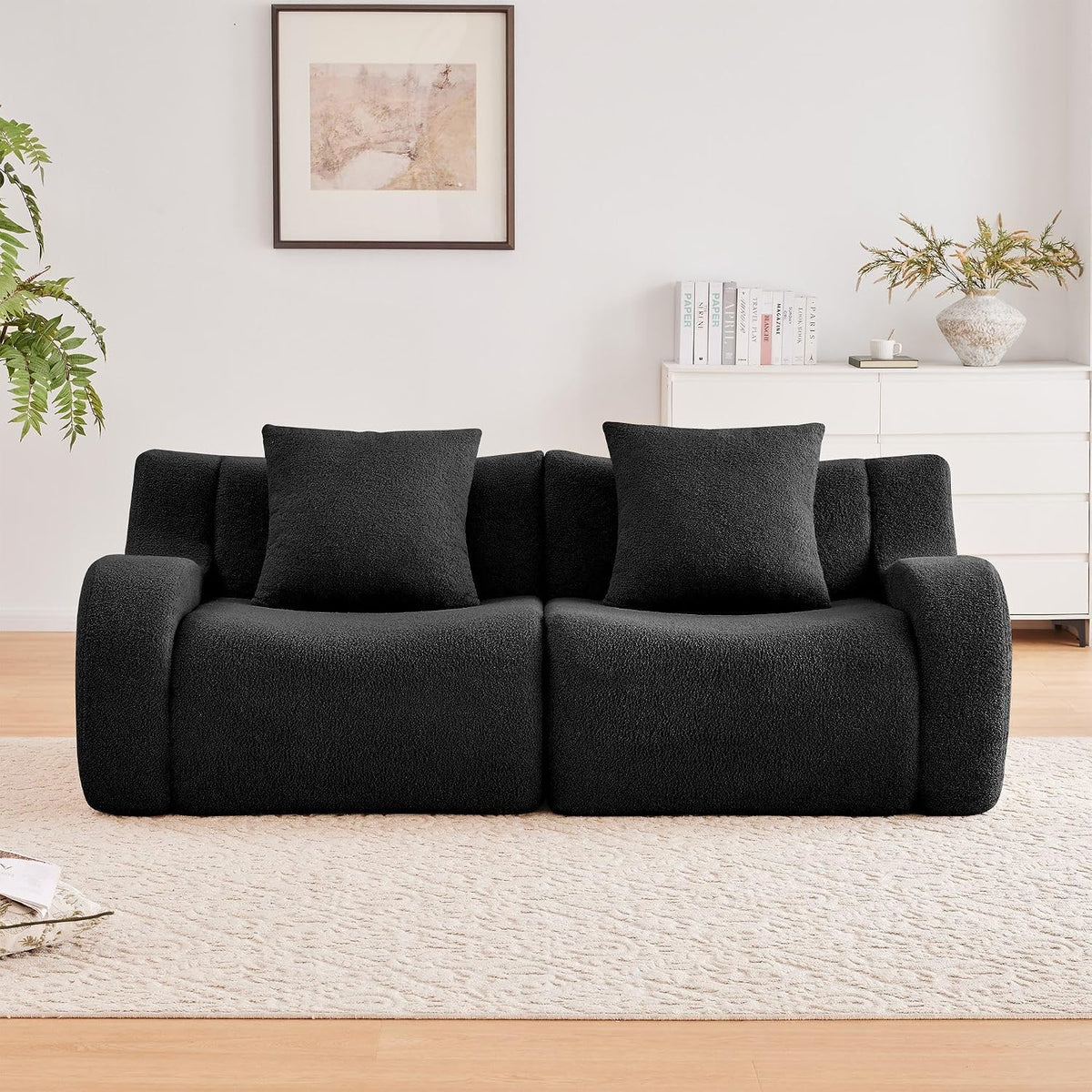 Soft Teddy Fabric Boneless Sofa Fluffy Comfortable Couch 32D High-Density Sponge Streamlined Design Non-Slip Base No Assembly for Living Room or Bedroom, Black