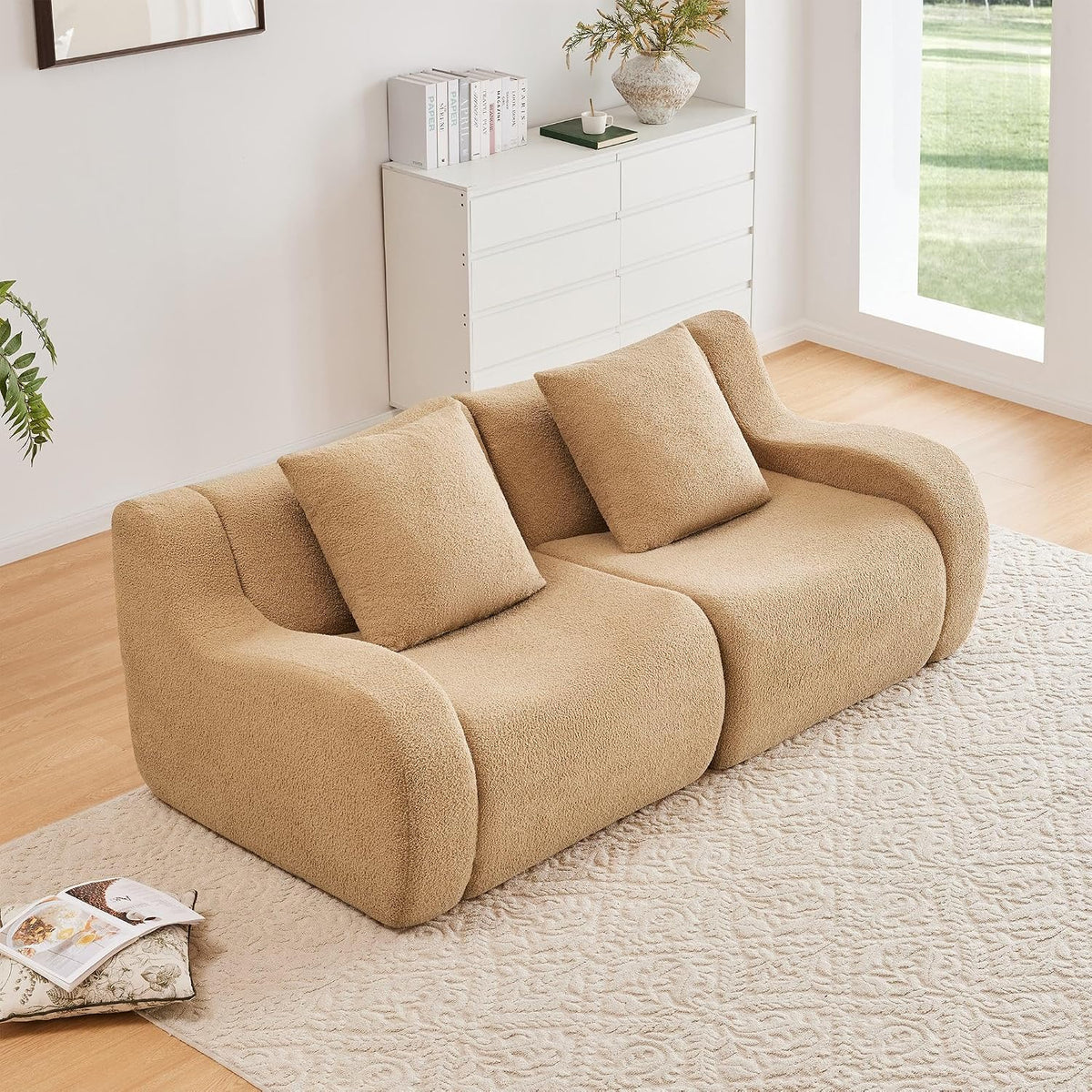 Soft Teddy Fabric Boneless Sofa Fluffy Comfortable Couch 32D High-Density Sponge Streamlined Design Non-Slip Base No Assembly for Living Room or Bedroom, Camel