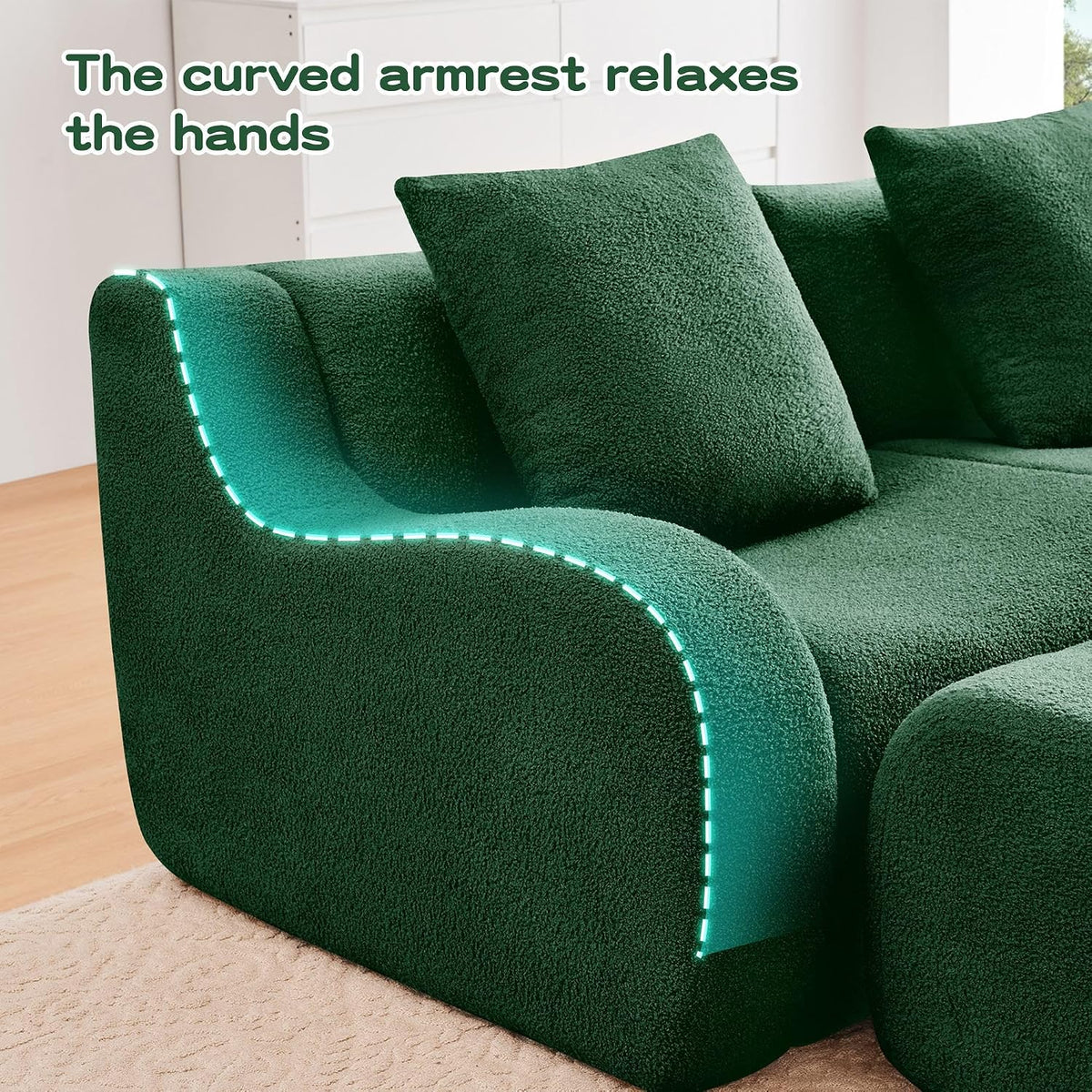 L-Shaped 2-Seat Boneless Sofa, Soft Teddy Fabric Couch, 32D High-Density Sponge, Ergonomic Curved Armrest, Non-Slip Base, No Assembly for Living Room or Bedroom, Green