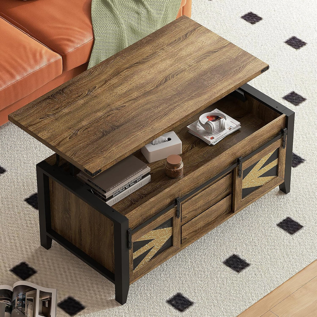 47.2" Lift Top Coffee Table with Hidden Compartment, Storage Drawers & Sliding Barn Doors, Farmhouse Rectangle Coffee Table for Living Room, Rustic Oak