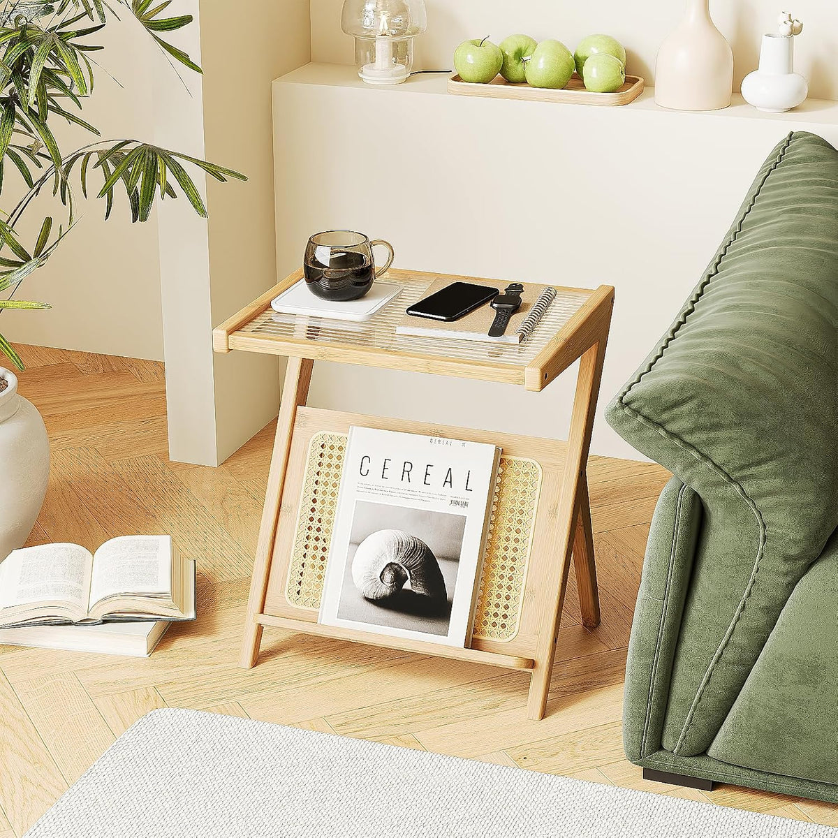 Rattan Side Table Boho Nightstand with Storage Shelf