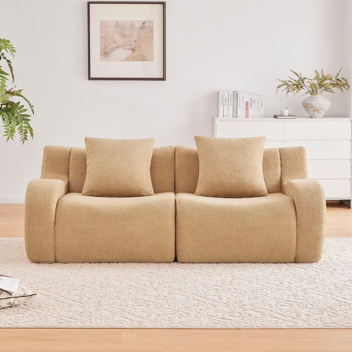 Soft Teddy Fabric Boneless Sofa Fluffy Comfortable Couch 32D High-Density Sponge Streamlined Design Non-Slip Base No Assembly for Living Room or Bedroom, Camel