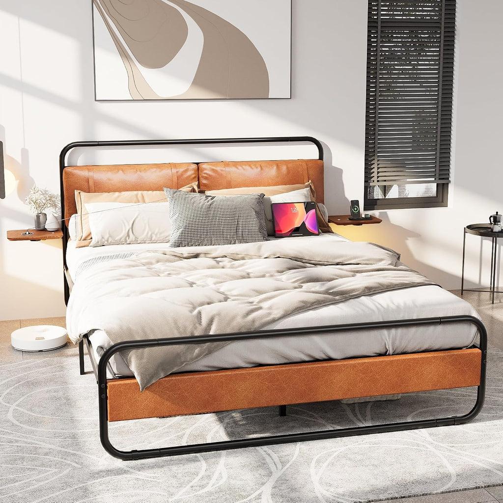 King Size Bed Frame,Metal Platform King Bed Frame, King Bed with Leather Upholstered Headboard, Built in Charging Station & LED, Noise-Free/Metal Slat Support/No Box Spring Needed, USB A+C