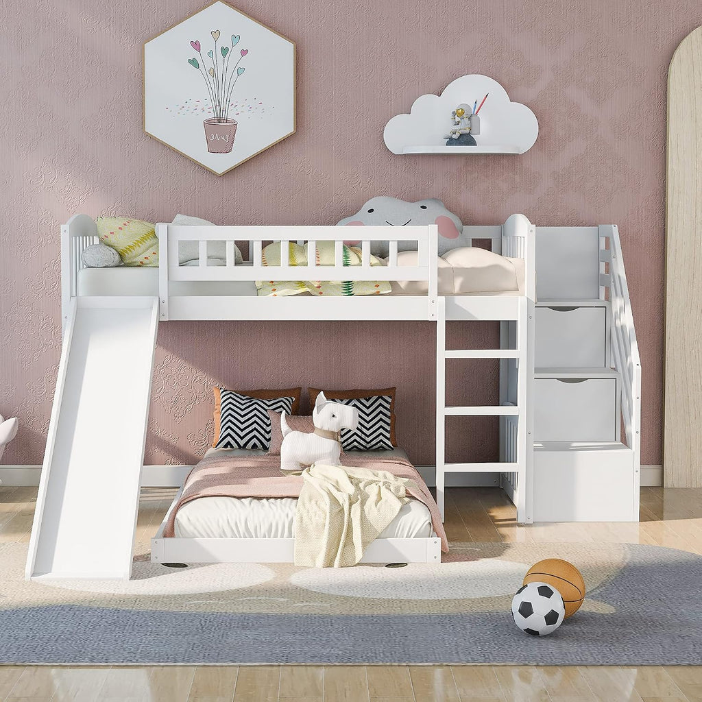 Bunk Bed Twin Over Twin, Bunk Bed with Stairs, Twin bunk Bed for Kids, Teens, Kids bunk beds, White Twin