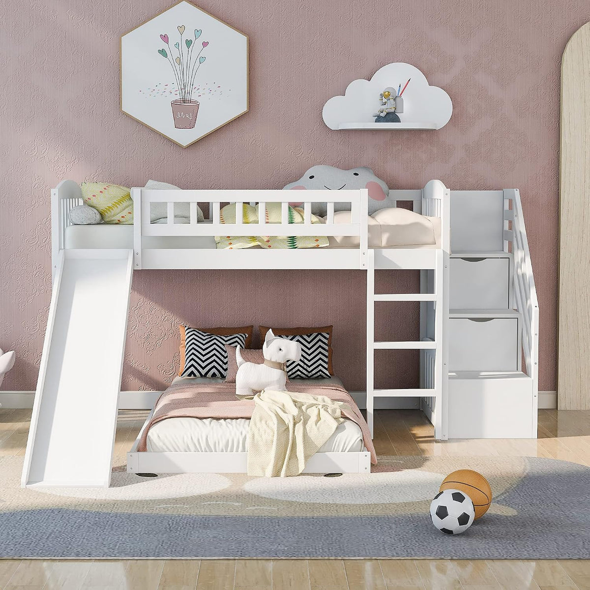 Bunk Bed Twin Over Twin, Bunk Bed with Stairs, Twin bunk Bed for Kids, Teens, Kids bunk beds, White Twin