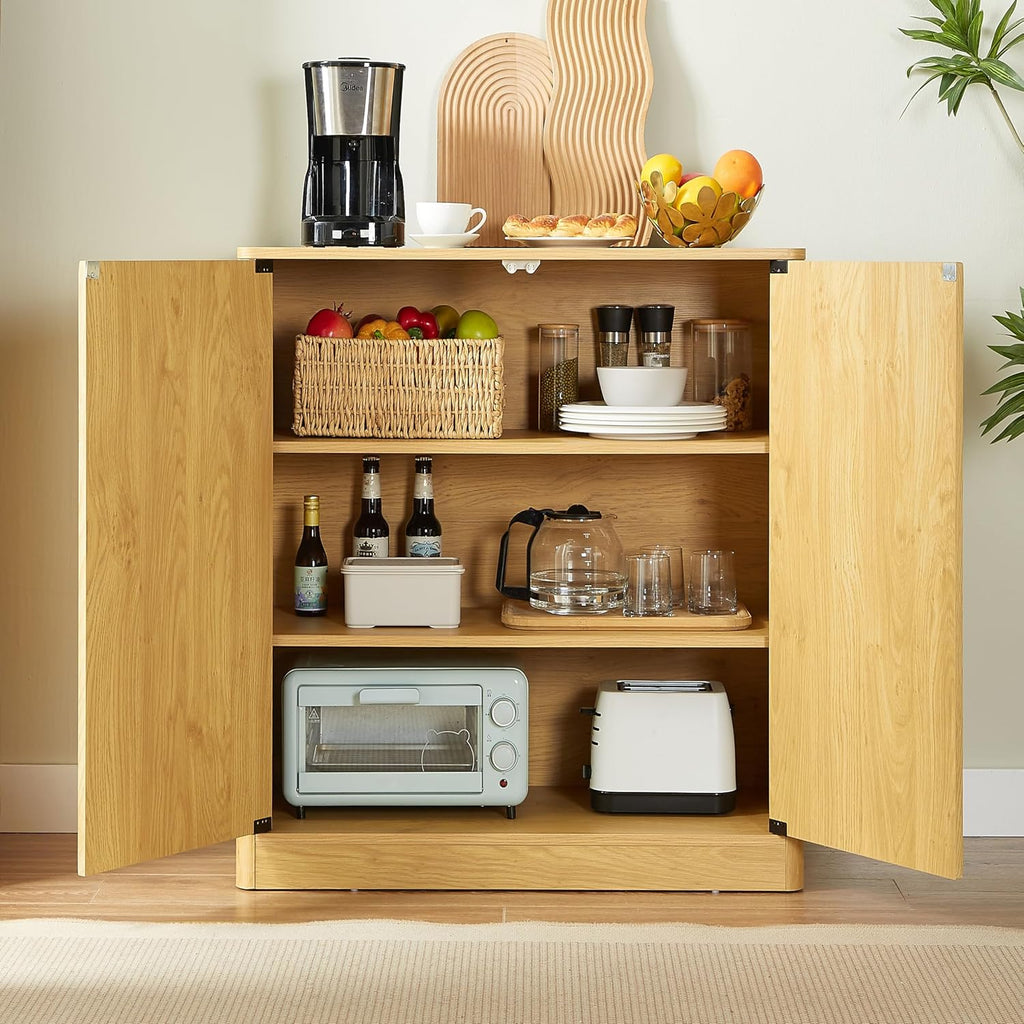 31.5" Fluted Buffet Cabinet Sideboard with Storage, Large Credenza with 2 Doors, Adjustable Shelf, Wood Mid Century Modern Sideboard for Kitchen and Living Room, Natural