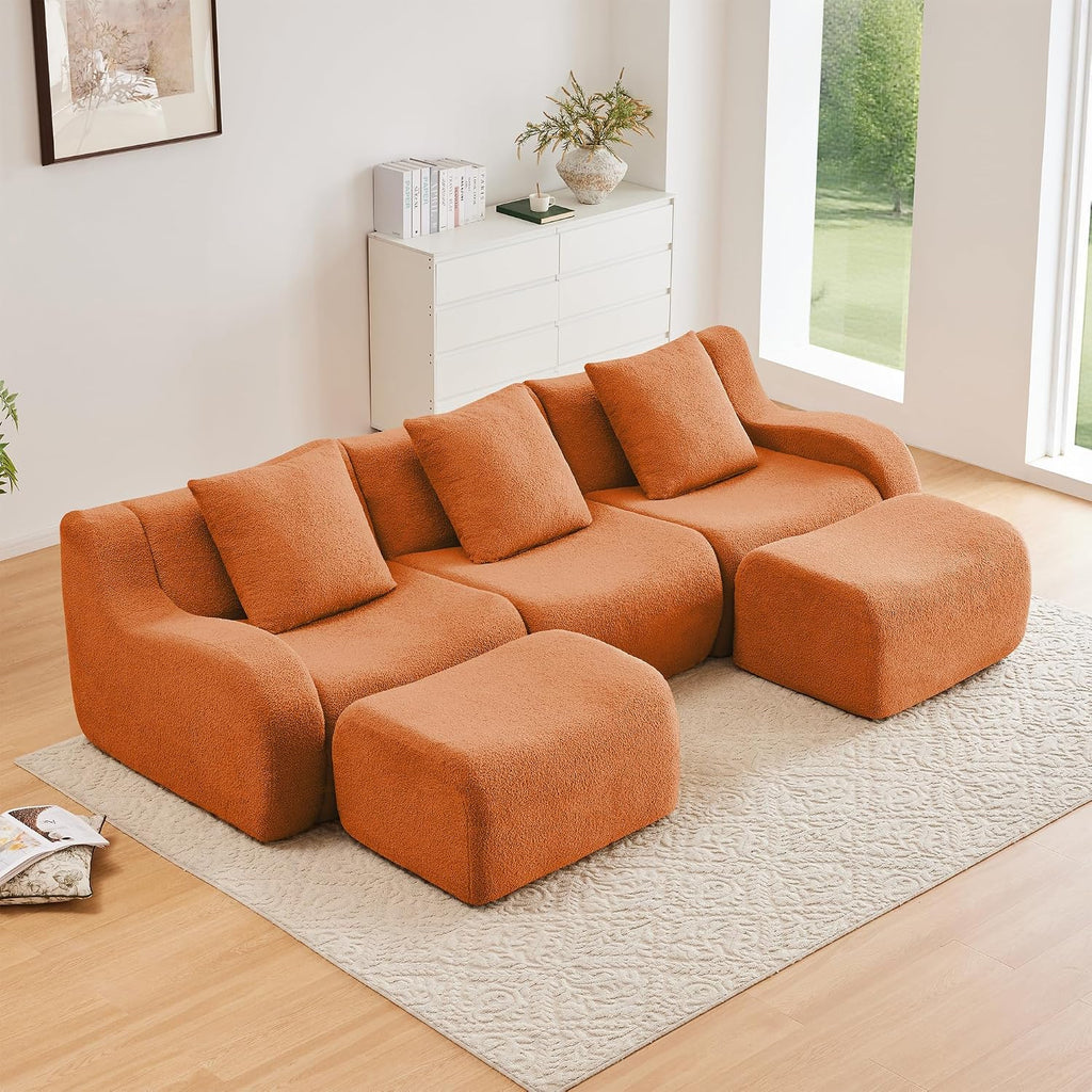 Modular Sectional Sofa for Living Room, 115.3" U-Shaped Orange Boneless Cloud Couch with 2 Ottoman, 3-Seat Teddy Fabric Sofa Deep Seat Curved Armrest,Streamlined Ergonomic Design