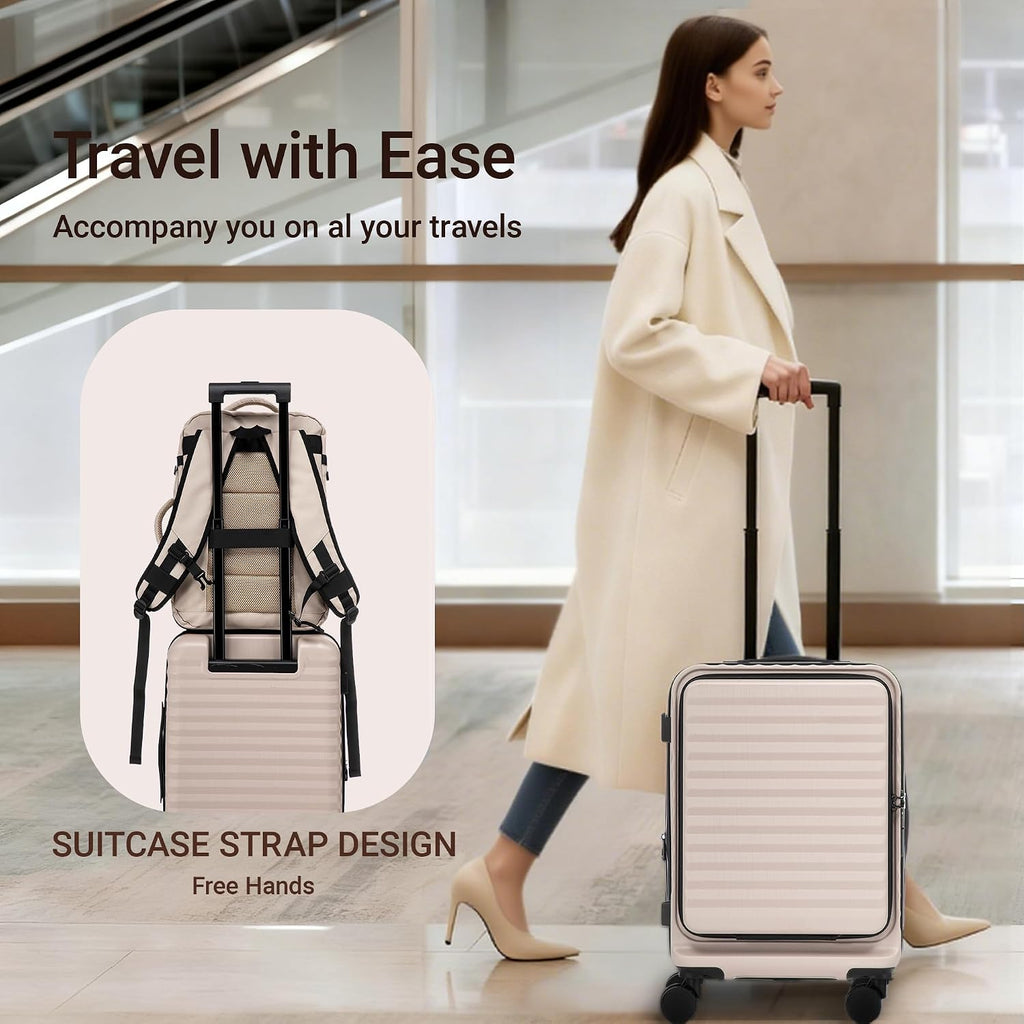 3-Piece Carry-On Beige Luggage Set with 20-Inch Expandable Hardside Suitcase, Travel Backpack & Toiletry Bag – Front Opening, TSA Lock & 360° Spinner Wheels