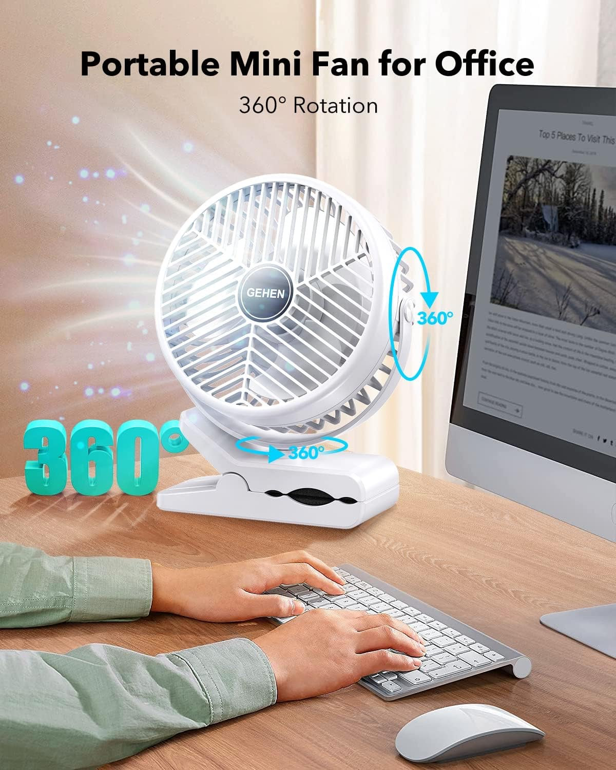 Portable 3-Speed Clip-on Fan with Sturdy Clamp 10000mAh Battery-Powered Clip Fan Rechargeable Ultra-Quiet for Bedroom Office Camping & Stroller