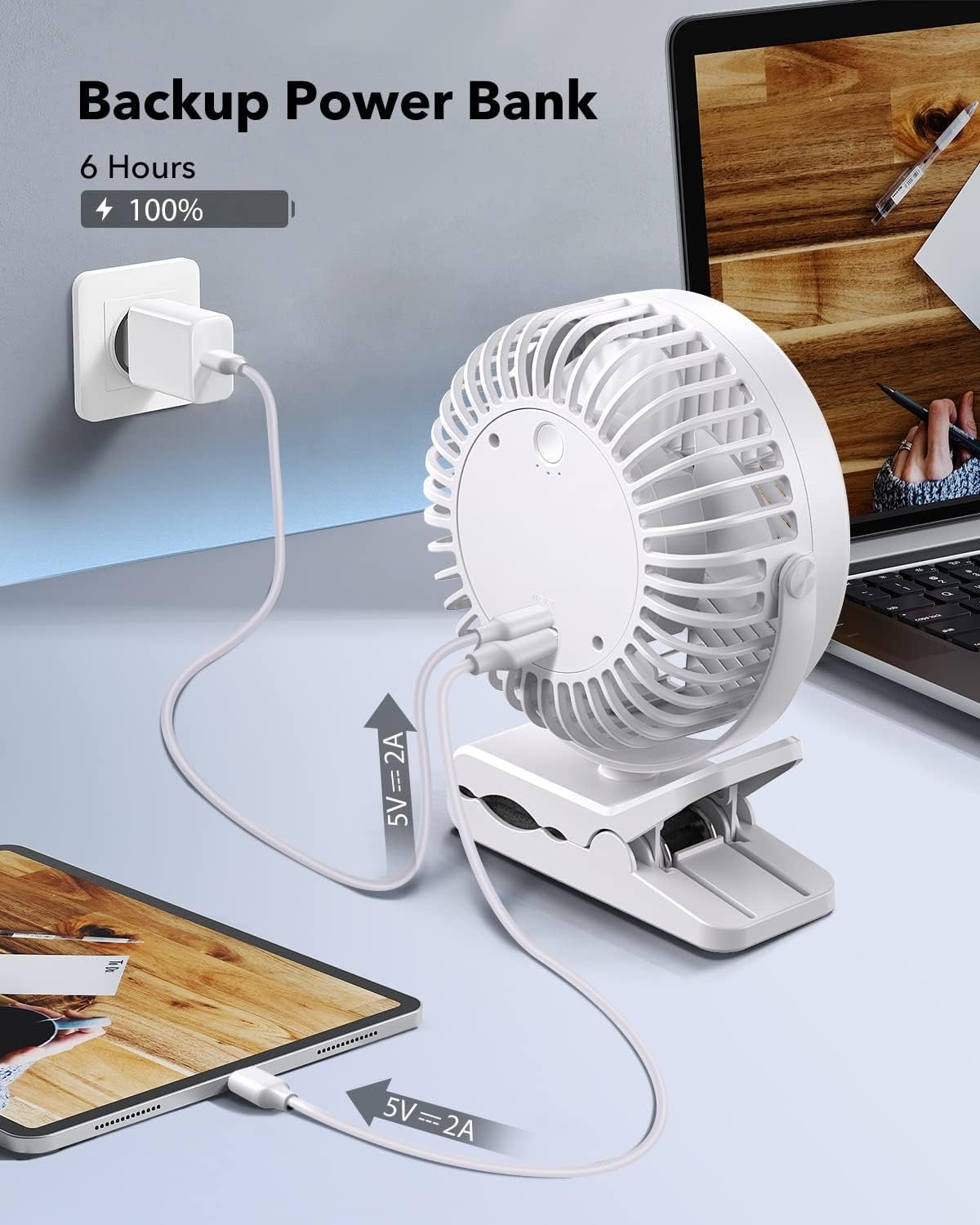 Portable 3-Speed Clip-on Fan with Sturdy Clamp 10000mAh Battery-Powered Clip Fan Rechargeable Ultra-Quiet for Bedroom Office Camping & Stroller