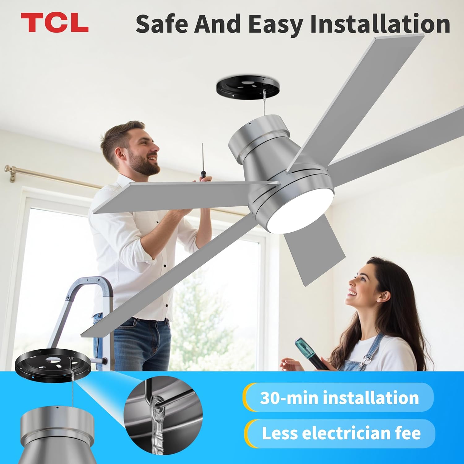 52" Silver Ceiling Fan with Light and Remote, Modern LED 3-Color, Quiet Motor for Bedroom, Living Room, Dining Room, Ceiling Fans with Lights (Silver)