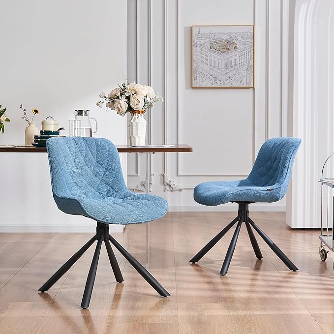 Mid Century Modern Dining Chairs Set of 2, Upholstered Dining Room Chairs with Sturdy Metal Legs, Boucle Armless Accent Side Chairs for Kitchen, Living Room, Lake Blue